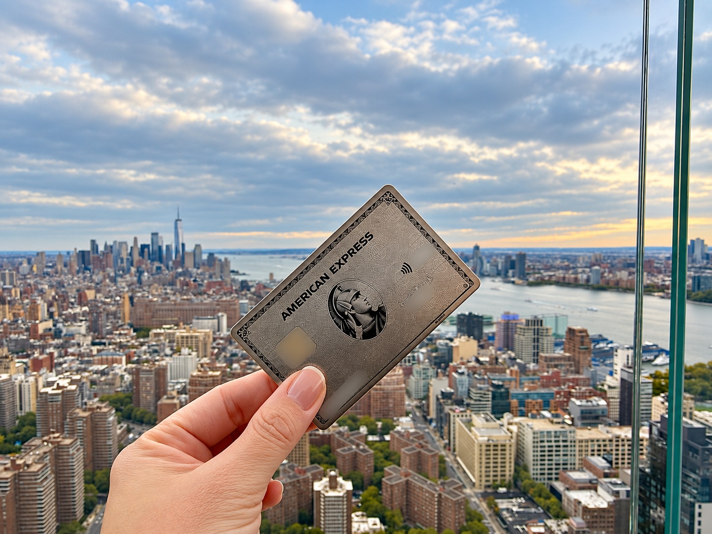American Express Platinum card held against the New York City skyline, with personal details blurred